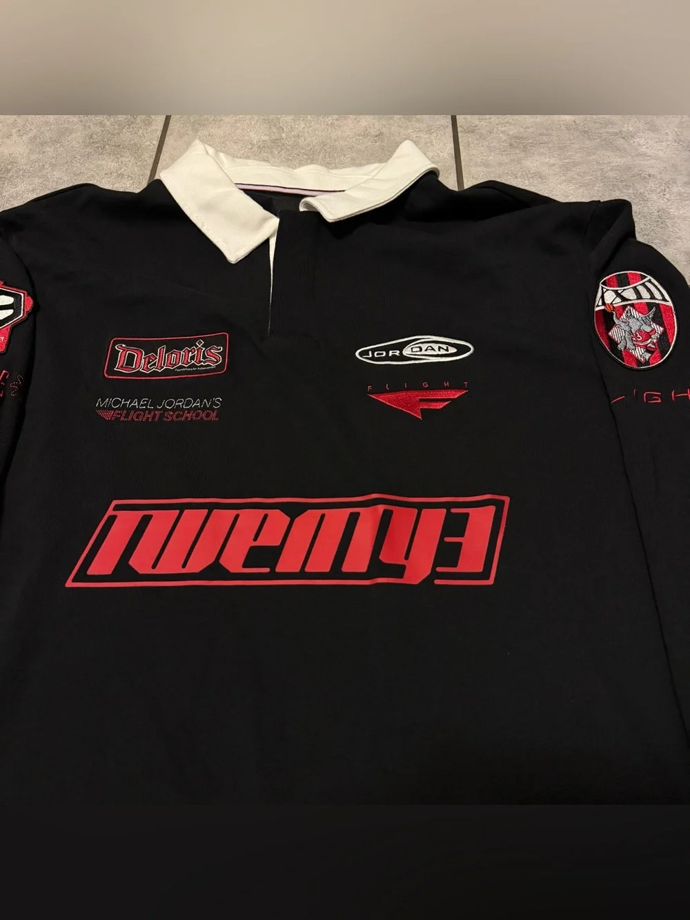 Nike Air Jordan Long Sleeve Patchwork Rugby Polo Shirt Size XL Black